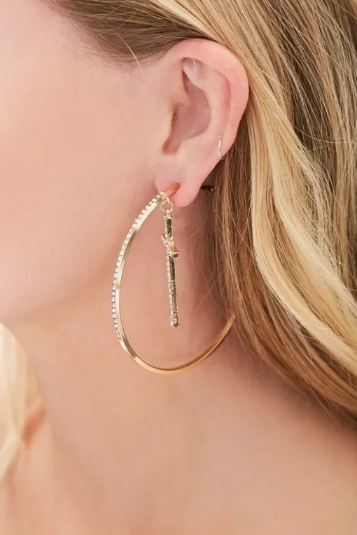 Rhinestone Cross Charm Hoop Earrings