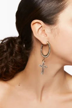 Rhinestone Cross Drop-Hoop Earrings