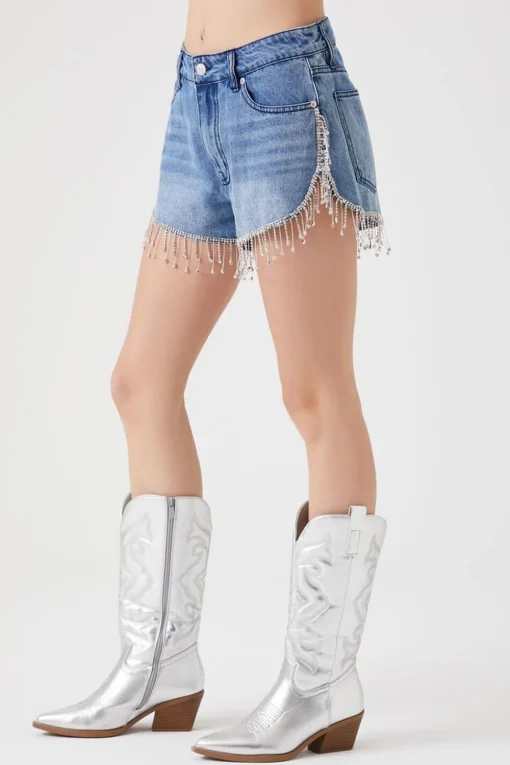Rhinestone Fringe Denim Shorts