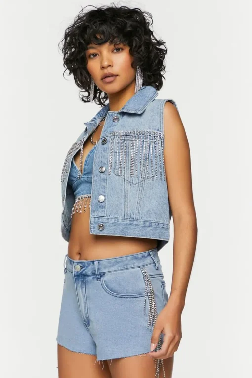 Rhinestone-Fringe Denim Shorts