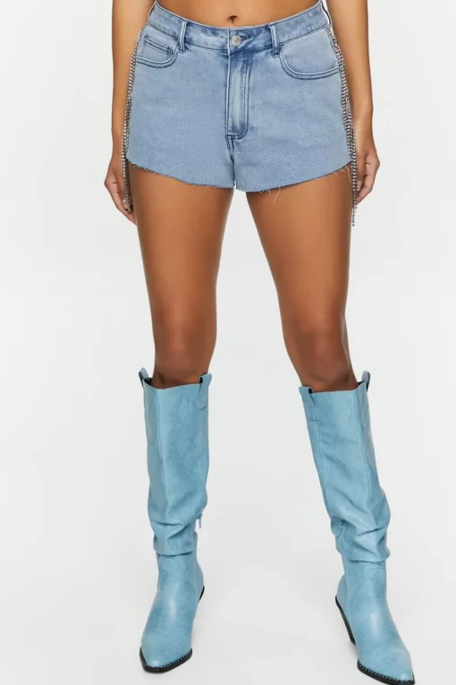 Rhinestone-Fringe Denim Shorts