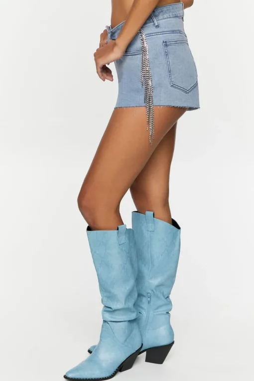 Rhinestone-Fringe Denim Shorts