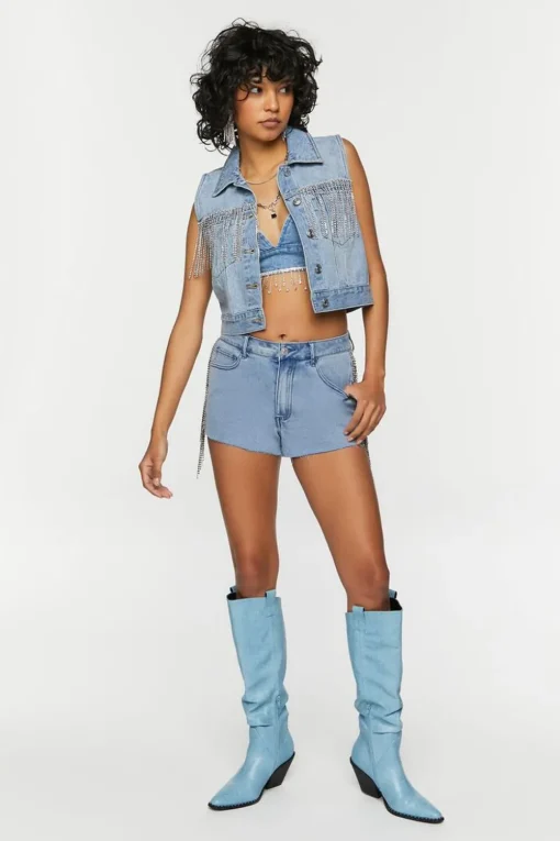 Rhinestone-Fringe Denim Shorts