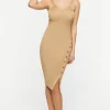 Ribbed Asymmetrical-Button Midi Dress