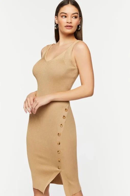 Ribbed Asymmetrical-Button Midi Dress