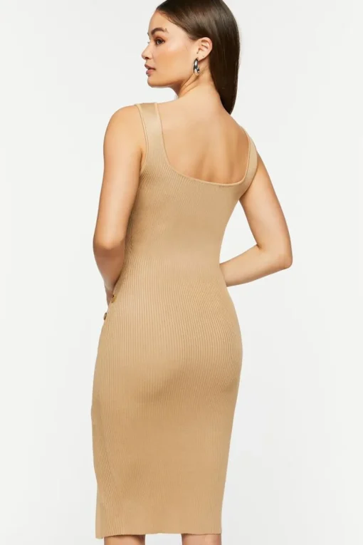 Ribbed Asymmetrical-Button Midi Dress