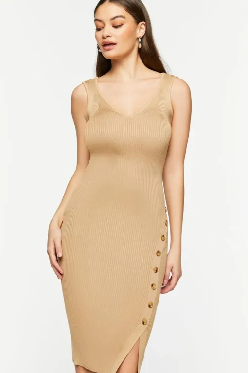Ribbed Asymmetrical-Button Midi Dress