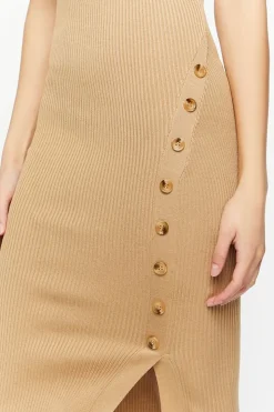 Ribbed Asymmetrical-Button Midi Dress