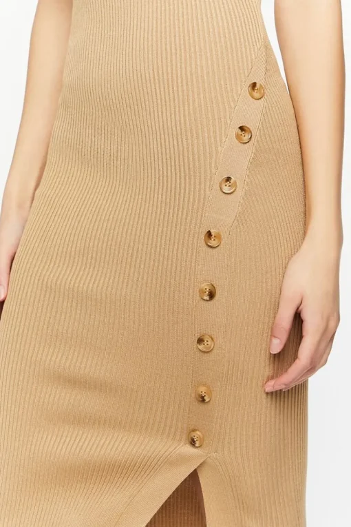 Ribbed Asymmetrical-Button Midi Dress