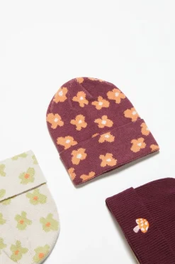 Ribbed Knit Floral Beanie