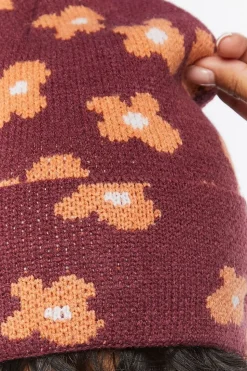 Ribbed Knit Floral Beanie