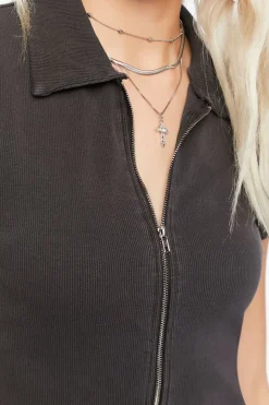 Ribbed Knit Zip-Up Top