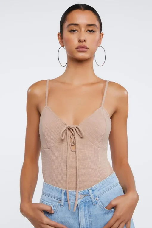 Ribbed Lace-Up Cami Bodysuit