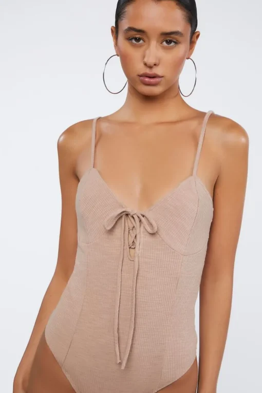 Ribbed Lace-Up Cami Bodysuit