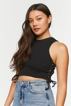 Ribbed Lace-Up Cropped Tank Top