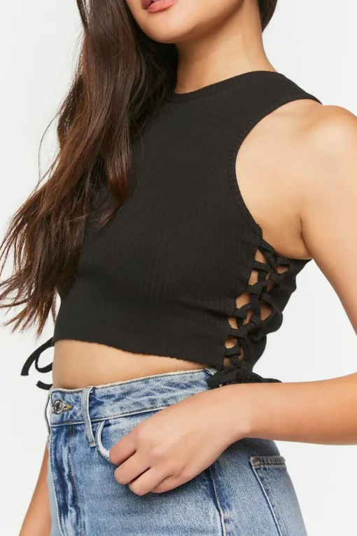 Ribbed Lace-Up Cropped Tank Top