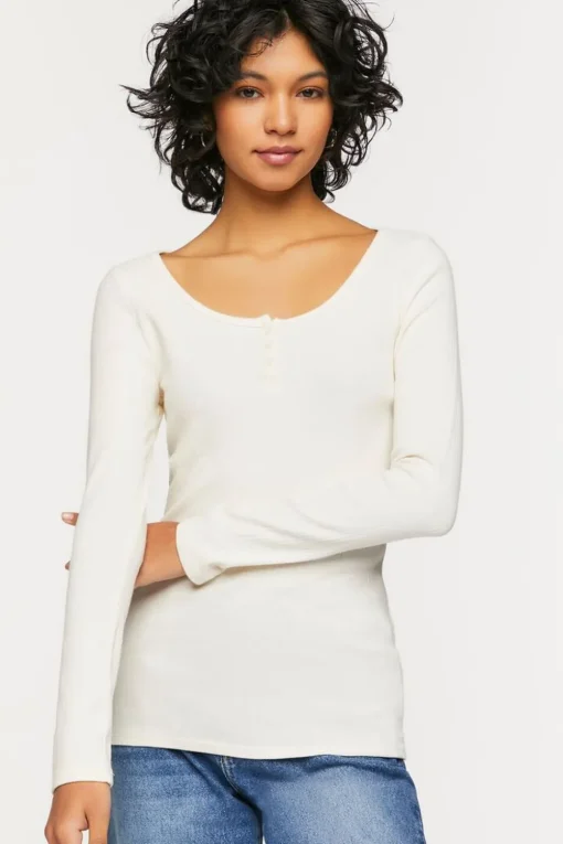 Ribbed Long-Sleeve Henley Tee