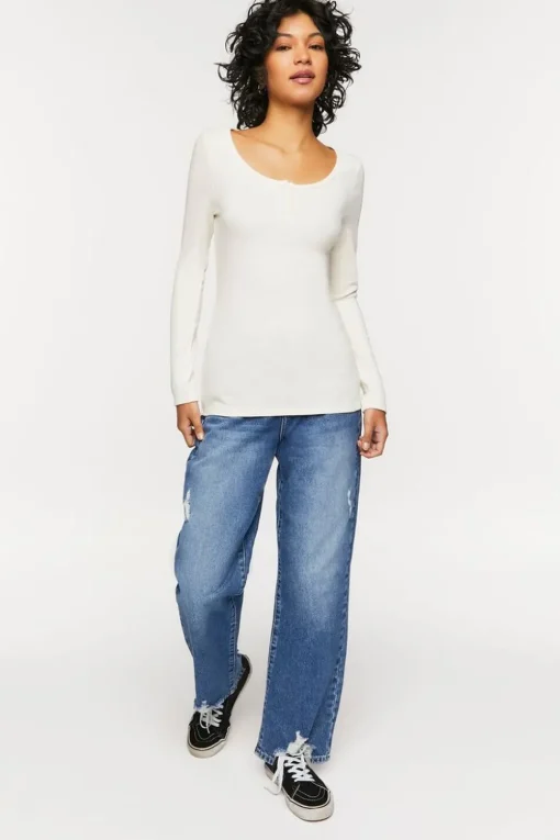 Ribbed Long-Sleeve Henley Tee