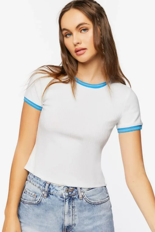Ribbed Varsity-Striped Ringer Tee