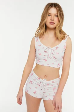 Rose Print Ruched Lounge Shorts