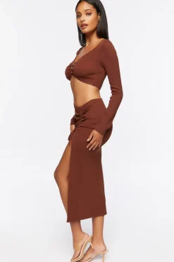 Ruched Crop Top & Leg-Slit Midi Skirt Set