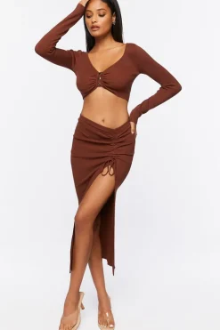 Ruched Crop Top & Leg-Slit Midi Skirt Set