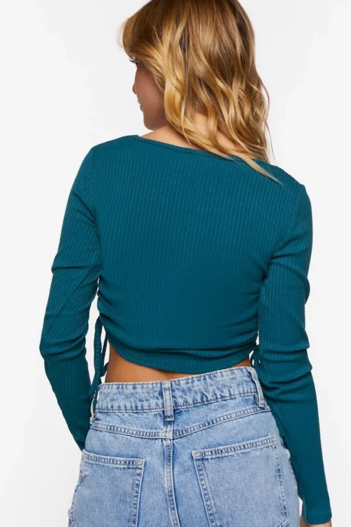 Ruched Drawstring Long-Sleeve Crop Top