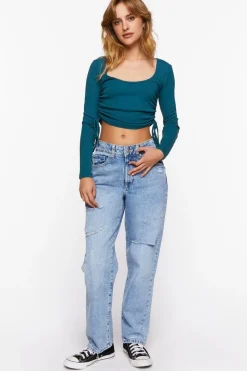 Ruched Drawstring Long-Sleeve Crop Top