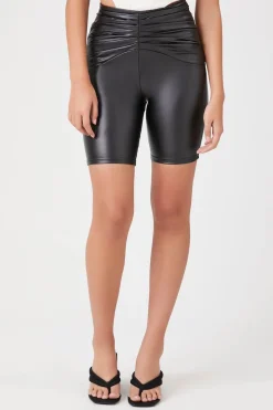 Ruched Faux Leather Biker Shorts