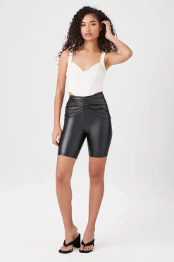 Ruched Faux Leather Biker Shorts