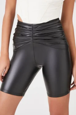 Ruched Faux Leather Biker Shorts