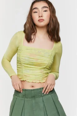 Ruched Mesh Floral Crop Top