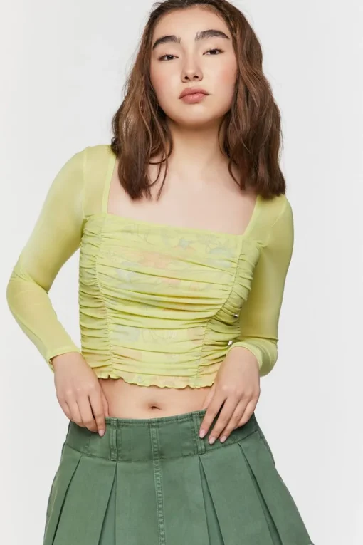 Ruched Mesh Floral Crop Top