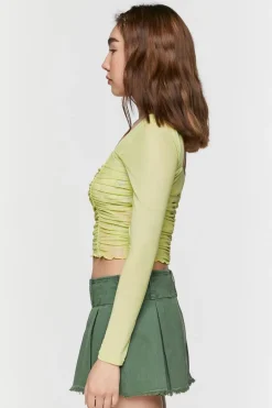 Ruched Mesh Floral Crop Top