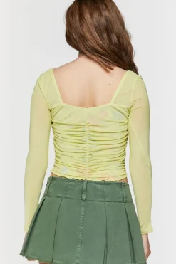 Ruched Mesh Floral Crop Top