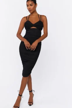 Ruched Mesh Midi Dress
