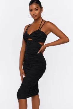 Ruched Mesh Midi Dress