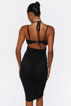 Ruched Mesh Midi Dress