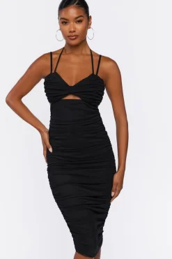 Ruched Mesh Midi Dress