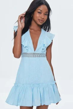 Ruffled Lace-Trim Cap-Sleeve Dress