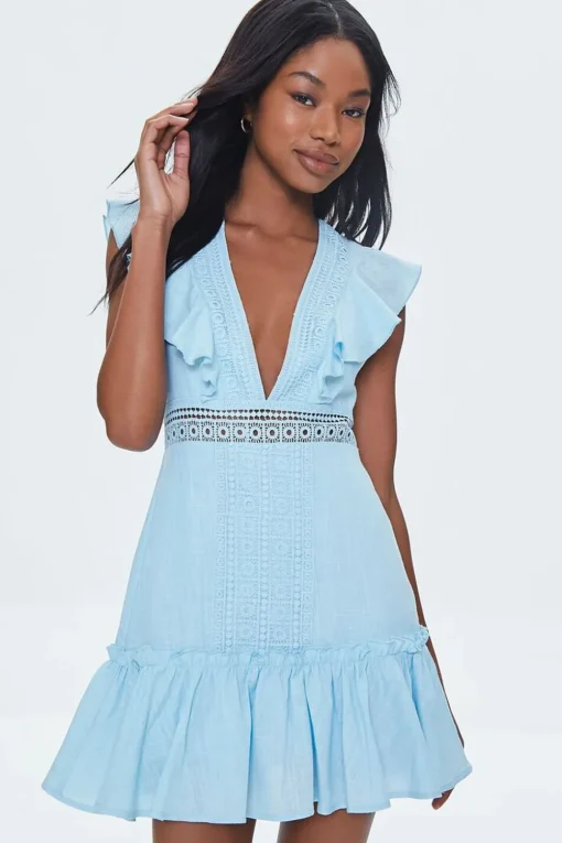 Ruffled Lace-Trim Cap-Sleeve Dress