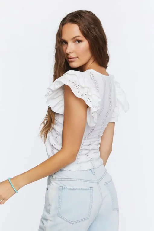 Ruffle-Trim Eyelet Crop Top