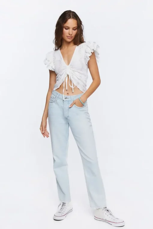 Ruffle-Trim Eyelet Crop Top