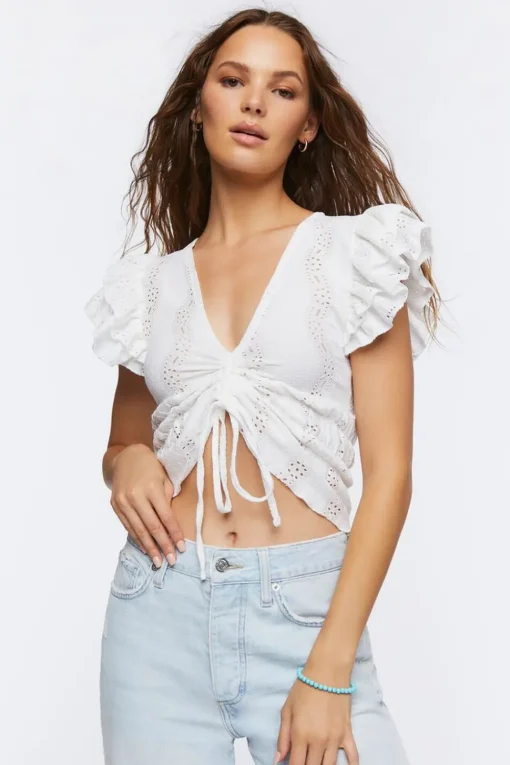 Ruffle-Trim Eyelet Crop Top