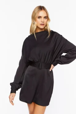 Satin Belted Drop-Sleeve Mini Dress