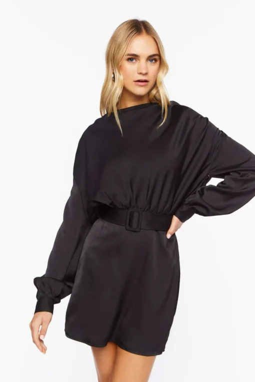 Satin Belted Drop-Sleeve Mini Dress
