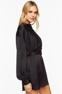 Satin Belted Drop-Sleeve Mini Dress