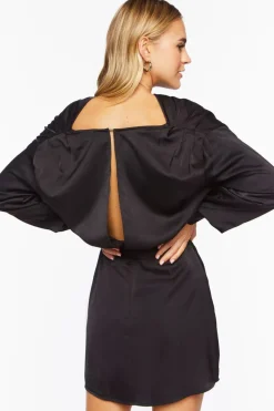 Satin Belted Drop-Sleeve Mini Dress
