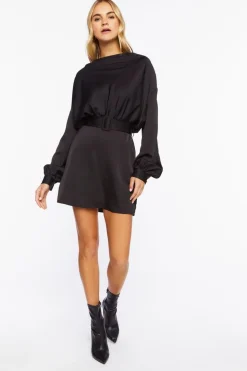 Satin Belted Drop-Sleeve Mini Dress