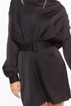 Satin Belted Drop-Sleeve Mini Dress
